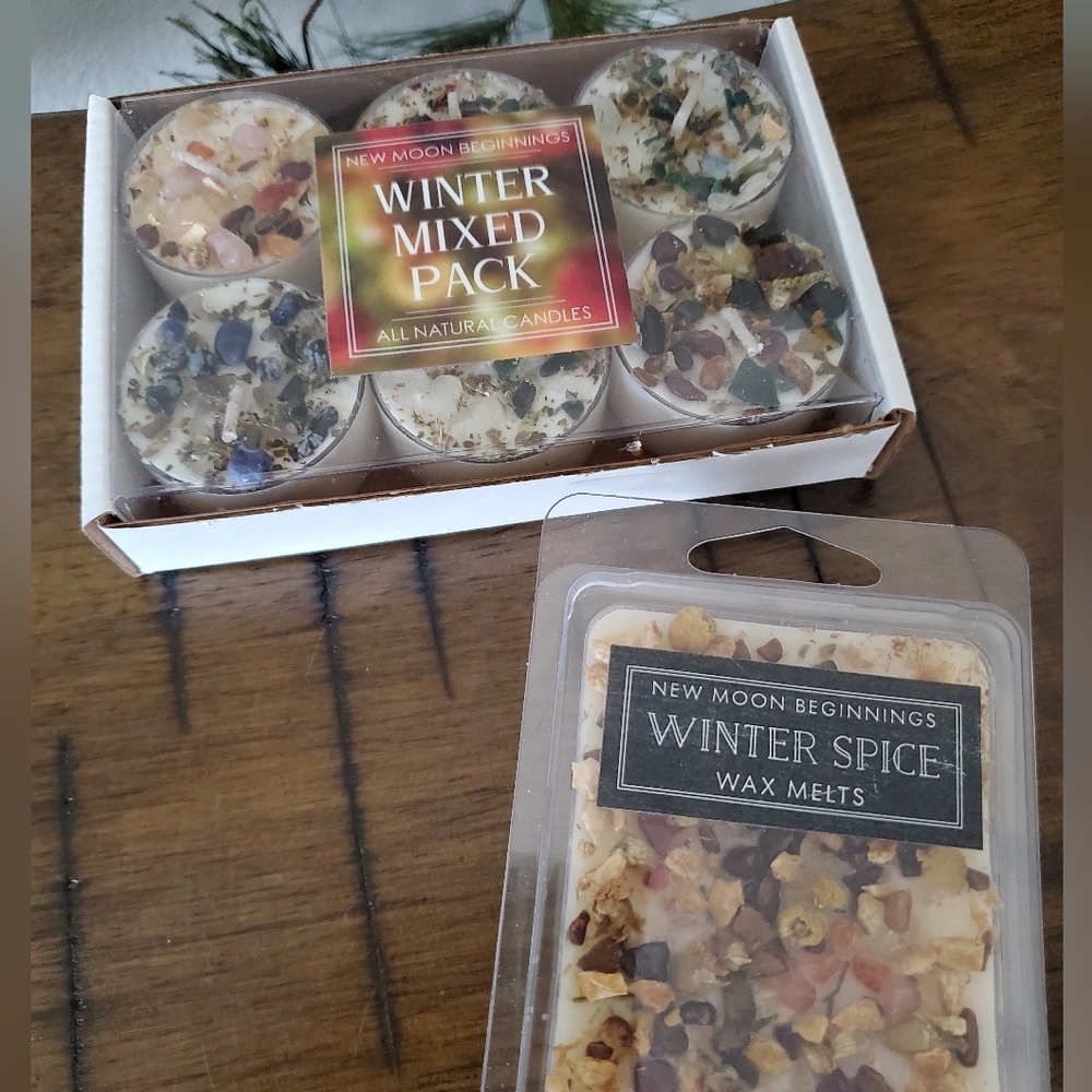 New Moon Beginnings Winter Spice Tealights + Wax Melts Crystals Botanicals Set